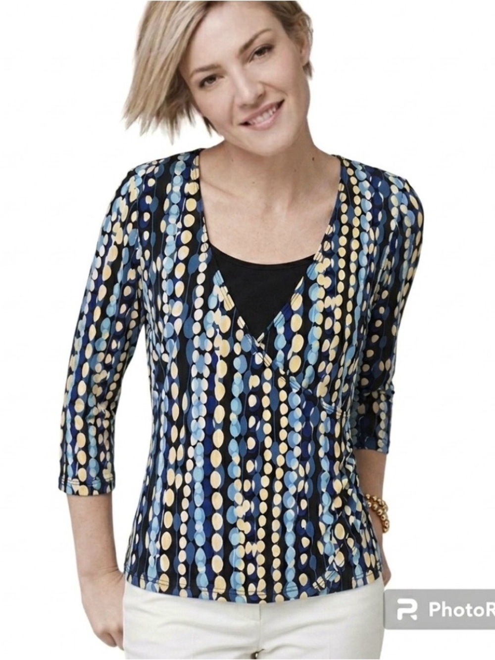 AB Studio Top Polka Dot Ruched Blue Black Yellow Jersey Knit S Work Classic